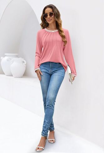 MEROKEETY Women's 2024 Fall Long Sleeve Tops Pleated Crew Neck Color Block Casual Loose Tee Shirts in Saudi Arabia