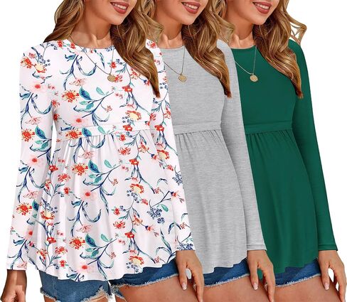 Ekouaer Maternity Shirts 3 Pack Pleated Long Sleeve Tops Pregnancy Clothes | Tunic Casual, Fashion Pregnant Clothes, Casual Winter Wear, Buttery Soft, Skin-Friendly Feel in Saudi Arabia