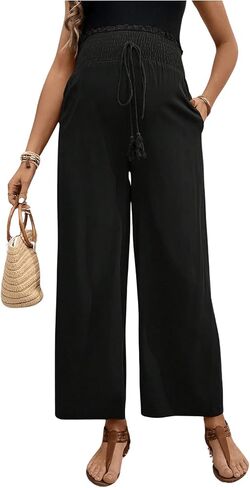 OYOANGLE Women's Maternity Pants Shirred High Waisted Tie Front Wide Leg Long Trousers in Saudi Arabia