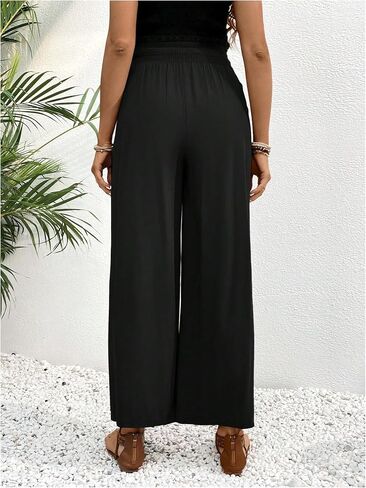 OYOANGLE Women's Maternity Pants Shirred High Waisted Tie Front Wide Leg Long Trousers in Saudi Arabia