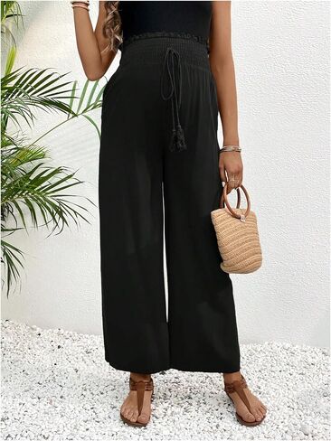 OYOANGLE Women's Maternity Pants Shirred High Waisted Tie Front Wide Leg Long Trousers in Saudi Arabia