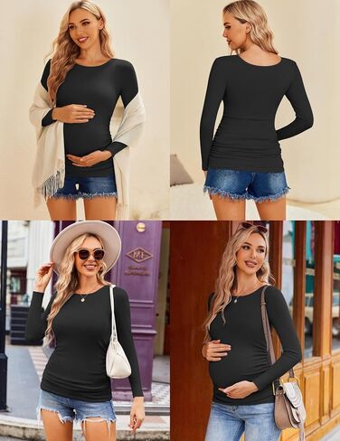 Ekouaer قمصان الأمومة 3 حزم المرأة طويلة الأكمام الحمل المحملة القمم بلوزة تونك مضلع الجانب Ruched ماما الملابس S-XXL in Saudi Arabia