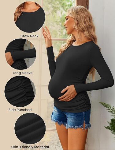 Ekouaer قمصان الأمومة 3 حزم المرأة طويلة الأكمام الحمل المحملة القمم بلوزة تونك مضلع الجانب Ruched ماما الملابس S-XXL in Saudi Arabia