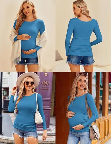 Ekouaer قمصان الأمومة 3 حزم المرأة طويلة الأكمام الحمل المحملة القمم بلوزة تونك مضلع الجانب Ruched ماما الملابس S-XXL in Saudi Arabia