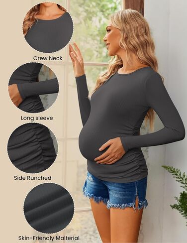Ekouaer قمصان الأمومة 3 حزم المرأة طويلة الأكمام الحمل المحملة القمم بلوزة تونك مضلع الجانب Ruched ماما الملابس S-XXL in Saudi Arabia