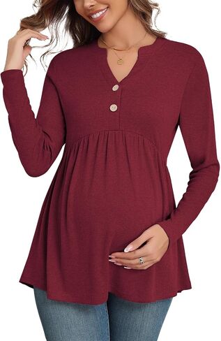 Xpenyo Womens Maternity Tops Long Sleeves Casual Pregnancy Tunic Shirts 2024 Fall V Neck Button Pregnant Dressy Blouses in Saudi Arabia