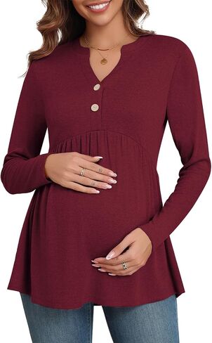 Xpenyo Womens Maternity Tops Long Sleeves Casual Pregnancy Tunic Shirts 2024 Fall V Neck Button Pregnant Dressy Blouses in Saudi Arabia