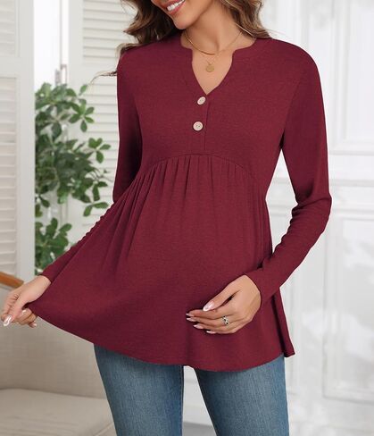 Xpenyo Womens Maternity Tops Long Sleeves Casual Pregnancy Tunic Shirts 2024 Fall V Neck Button Pregnant Dressy Blouses in Saudi Arabia