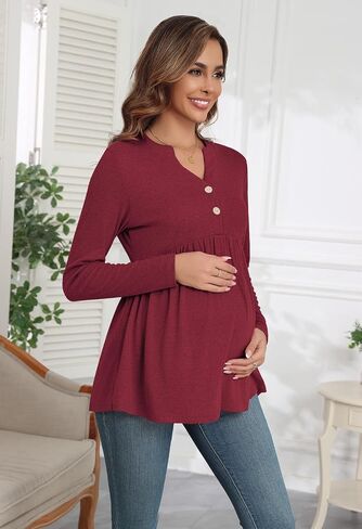 Xpenyo Womens Maternity Tops Long Sleeves Casual Pregnancy Tunic Shirts 2024 Fall V Neck Button Pregnant Dressy Blouses in Saudi Arabia