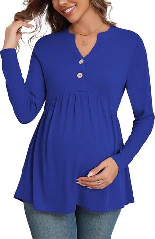 Xpenyo Womens Maternity Tops Long Sleeves Casual Pregnancy Tunic Shirts 2024 Fall V Neck Button Pregnant Dressy Blouses in Saudi Arabia