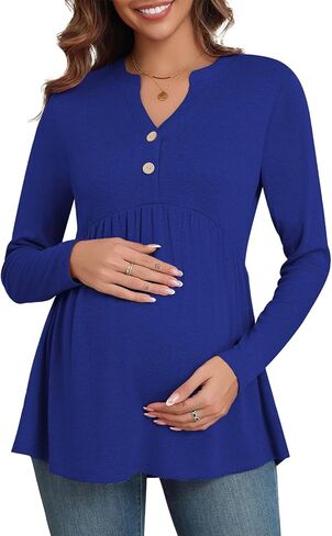Xpenyo Womens Maternity Tops Long Sleeves Casual Pregnancy Tunic Shirts 2024 Fall V Neck Button Pregnant Dressy Blouses in Saudi Arabia