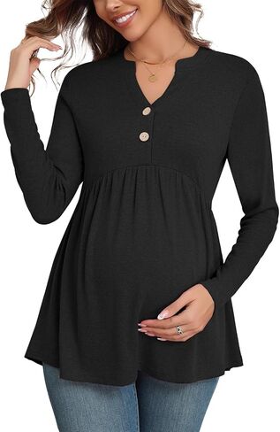 Xpenyo ملابس علوية نسائية للحمل بأكمام طويلة قمصان تونيك للحمل غير رسمية خريف 2024 زر رقبة على شكل V بلوزات أنيقة للحوامل in Kuwait