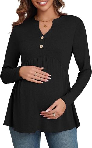 Xpenyo ملابس علوية نسائية للحمل بأكمام طويلة قمصان تونيك للحمل غير رسمية خريف 2024 زر رقبة على شكل V بلوزات أنيقة للحوامل in Kuwait