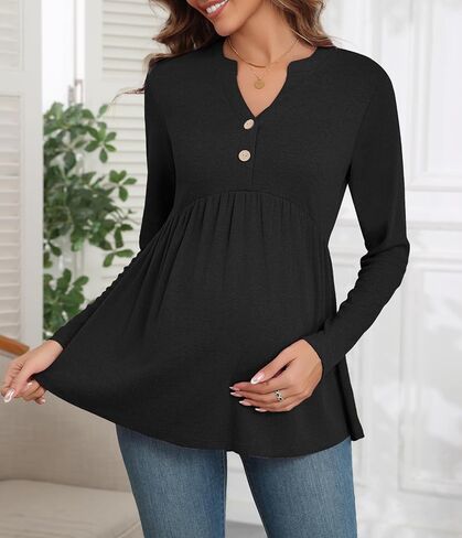 Xpenyo ملابس علوية نسائية للحمل بأكمام طويلة قمصان تونيك للحمل غير رسمية خريف 2024 زر رقبة على شكل V بلوزات أنيقة للحوامل in Kuwait