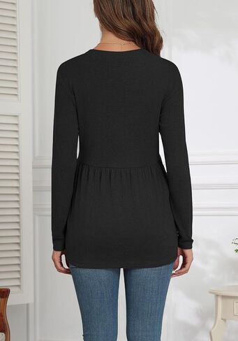 Xpenyo ملابس علوية نسائية للحمل بأكمام طويلة قمصان تونيك للحمل غير رسمية خريف 2024 زر رقبة على شكل V بلوزات أنيقة للحوامل in Kuwait