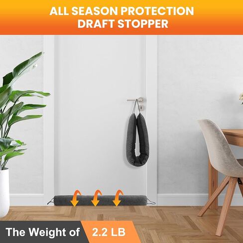 سدادة مسودة تحت الباب، سدادات مسودة باب مرجحة 91.44 سم لأسفل الباب مع حلقات خطاف لسهولة التركيب والتخزين، تحجب ضوضاء الرياح الباردة الساخنة لفجوة الأبواب حتى 11.43 سم، رمادي in Kuwait