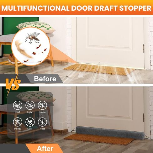 سدادة مسودة تحت الباب، سدادات مسودة باب مرجحة 91.44 سم لأسفل الباب مع حلقات خطاف لسهولة التركيب والتخزين، تحجب ضوضاء الرياح الباردة الساخنة لفجوة الأبواب حتى 11.43 سم، رمادي in Kuwait