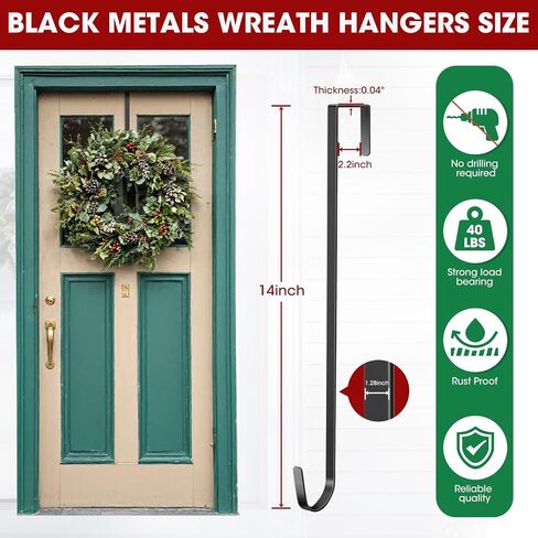 Wreath Door Hanger 2 Pack, Garland Wreath Hangers for Front Door, Outdoor Tall Wreath Hook for front door decorative, Upgrade Wreath Hanger Halloween Christmas Fall Wreaths Decorations Hooks, Black in Saudi Arabia