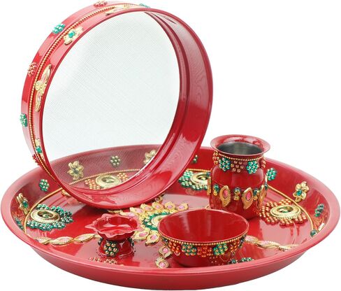 Aditri Creation Karwachauth Pooja Thali Puja Plate Decorative Steel Puja Thali with Kalash & Channi Essential Pooja Articles for Pooja Ritual Wedding Indian Traditional Festival Decor(Thali Size-11) in Saudi Arabia