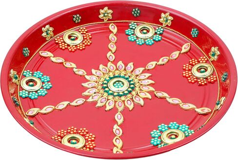 Aditri Creation Karwachauth Pooja Thali Puja Plate Decorative Steel Puja Thali with Kalash & Channi Essential Pooja Articles for Pooja Ritual Wedding Indian Traditional Festival Decor(Thali Size-11) in Saudi Arabia