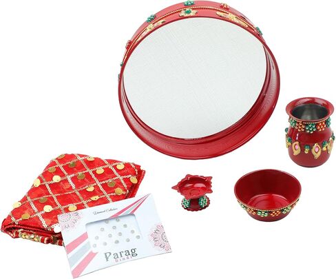 Aditri Creation Karwachauth Pooja Thali Puja Plate Decorative Steel Puja Thali with Kalash & Channi Essential Pooja Articles for Pooja Ritual Wedding Indian Traditional Festival Decor(Thali Size-11) in Saudi Arabia