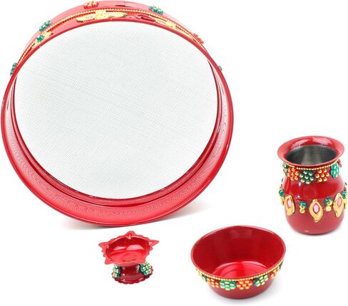 Aditri Creation Karwachauth Pooja Thali Puja Plate Decorative Steel Puja Thali with Kalash & Channi Essential Pooja Articles for Pooja Ritual Wedding Indian Traditional Festival Decor(Thali Size-11) in Saudi Arabia