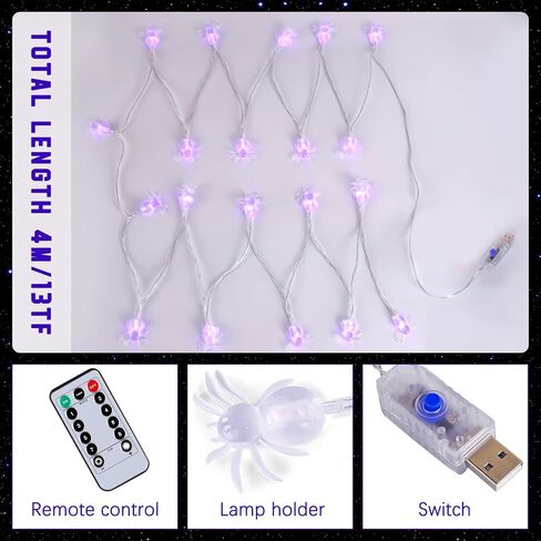 Spider Lights with 13Ft and 20LEDs Spider String Lights and 8 Lghting Variations，Infrared Remote Control，Spider Lights Spectre Decor for Hanging in Outdoor，Halloween spider web lights Battery Operated in Saudi Arabia