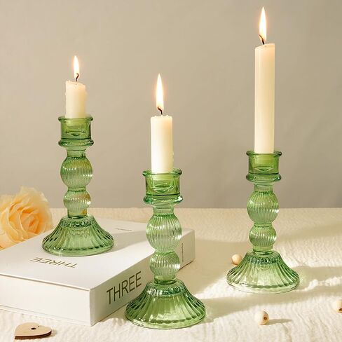 6" H Candlestick Holders, Green Glass Candle Holder Set of 3, Taper Candle Holders - Crystal Candle Stick Holder for Home Decor Wedding Party & Birthday, Christmas Table Decorations in Saudi Arabia
