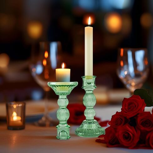 6" H Candlestick Holders, Green Glass Candle Holder Set of 3, Taper Candle Holders - Crystal Candle Stick Holder for Home Decor Wedding Party & Birthday, Christmas Table Decorations in Saudi Arabia