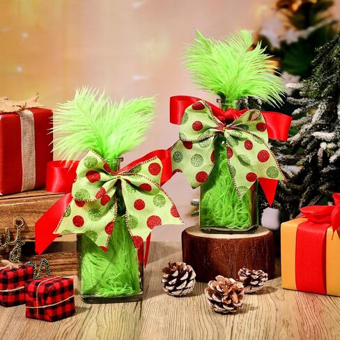 مجموعة من 2 قطع مركزية لطاولة عيد الميلاد برطمانات زجاجية مع فراء صناعي من الفرو الأخضر لتزيين طاولة عيد الميلاد، صينية متدرجة، برطمانات تزيين مع فيونكة لتزيين القطعة المركزية للعطلات في المنزل in Kuwait