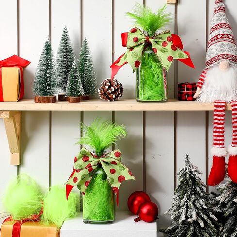 مجموعة من 2 قطع مركزية لطاولة عيد الميلاد برطمانات زجاجية مع فراء صناعي من الفرو الأخضر لتزيين طاولة عيد الميلاد، صينية متدرجة، برطمانات تزيين مع فيونكة لتزيين القطعة المركزية للعطلات في المنزل in Kuwait