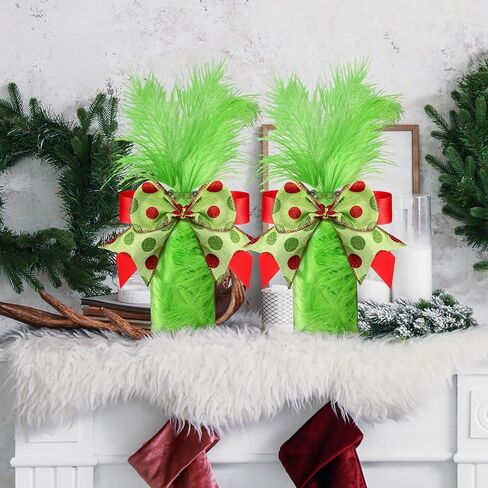 مجموعة من 2 قطع مركزية لطاولة عيد الميلاد برطمانات زجاجية مع فراء صناعي من الفرو الأخضر لتزيين طاولة عيد الميلاد، صينية متدرجة، برطمانات تزيين مع فيونكة لتزيين القطعة المركزية للعطلات في المنزل in Kuwait
