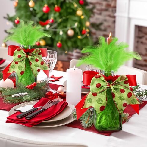 مجموعة من 2 قطع مركزية لطاولة عيد الميلاد برطمانات زجاجية مع فراء صناعي من الفرو الأخضر لتزيين طاولة عيد الميلاد، صينية متدرجة، برطمانات تزيين مع فيونكة لتزيين القطعة المركزية للعطلات في المنزل in Kuwait