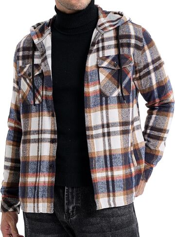 JMIERR Mens Cotton Flannel Shirts Casual Button Down Hoodie Plaid Shirt Long Sleeve Lightweight Jackets with Pockets in Saudi Arabia