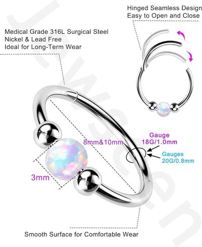 Jewseen 2PCS 316L Surgical Steel Nose Rings Hoop 18g 20g Opal Nose Rings for Women Septum Rings 8mm/10mm Nose Piercing Jewelry Cartilage Earring in Saudi Arabia