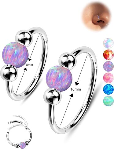 Jewseen 2PCS 316L Surgical Steel Nose Rings Hoop 18g 20g Opal Nose Rings for Women Septum Rings 8mm/10mm Nose Piercing Jewelry Cartilage Earring in Saudi Arabia