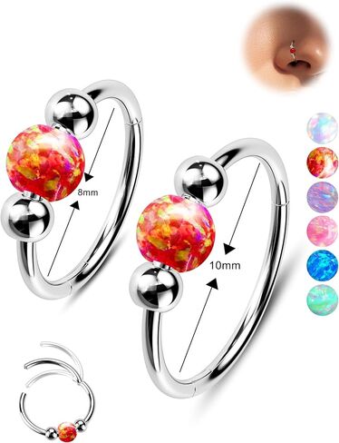 Jewseen 2PCS 316L Surgical Steel Nose Rings Hoop 18g 20g Opal Nose Rings for Women Septum Rings 8mm/10mm Nose Piercing Jewelry Cartilage Earring in Saudi Arabia