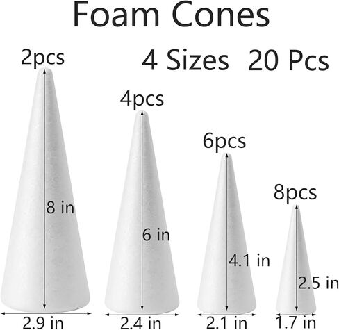 FFchuanhe 20pcs Mixed Size (2-8in) Craft Foam Cones Set for Art and DIY in Kuwait