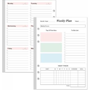 Weekly Planner Refills for A5 Binders - 53 Sheets/106 Pages Undated Colorful Weekly Planner, 6-Hole Punched, 100 gsm White Paper, Lasts 1 Year, Undated, 5.8" x 8.3"