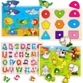 Wooden Peg Puzzles for Toddlers 2 3 4 Year Old, 4 Pack Montessori Toys Preschool Learning Puzzles for Toddlers 1-3 with Animals, Shapes, Alphabet, Wooden Toddler Toys Gifts for Kids Boys Girls