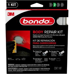 Bondo Body Repair Kit Ready Mix Pouches, Repairs One Large Hole Up to 3" with Patch, 1 Original Filler & Hardener, 1 Fiberglass Filler & Hardener, 1 Self-Adhesive Body Patch, 1 Spreader (BRKIT-2PK-ES)