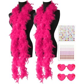 Turkey Feather Boas 6.6ft with Sunglasses and Face Gems 6PCS for DIY Craft Dancing Wedding Party Halloween Costume Decoration