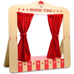 kipod Wooden Tabletop Puppet Theater Foldable Design- 6 Premium Finger Puppet Figures Including a Deer, Raccoon, Porcupine, Monkey, Fox and Bear- Educational Storytelling Toys for Kids 3+