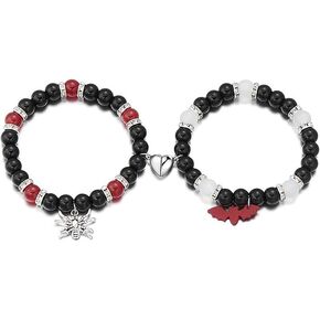 Eioi & Lmnm 2Pcs Stretchy Halloween Beaded Matching Bracelets for Couples and Best Friends, Boho Stone Beads Halloween Couple Bracelets with Bat Spider Charms, Elastic Halloween His & Her Charm Bracelets, Friendship Jewelry for Halloween