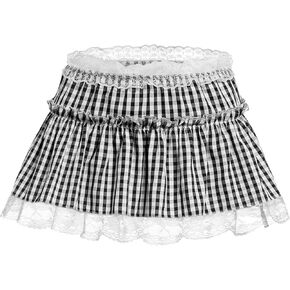 Womens Mini Gingham Skirt Ruffle Lace Trim Plaid Micro Skirt Maid Lingerie Underwear
