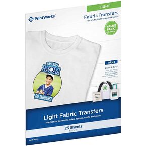 PrintWorks Printable Iron on Heat Transfer Paper for Light Fabrics & T-Shirts, 8.5" x 11", 25 Sheets, Easily DIY, Made in the USA in Kuwait
