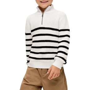 Haloumoning Boys Striped Quarter Zip Sweater Kids Fashion Long Sleeve Knit Pullover Sweaters Tops 5-14 Years