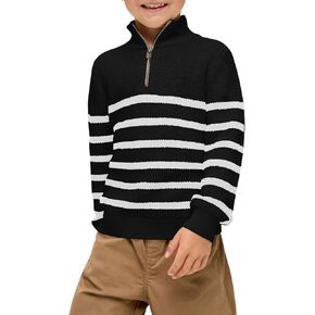 Haloumoning Boys Striped Quarter Zip Sweater Kids Fashion Long Sleeve Knit Pullover Sweaters Tops 5-14 Years