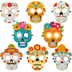 8PCS Dia De Los Muertos Masks - Halloween Felt Sugar Skull Crafts for Kids Adults, Day of The Dead Costume Accessories Decorations Classroom Activities Party Favors