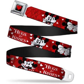 Buckle-Down Seatbelt Belt - Mickey & Minnie HUGS & KISSES Poses Reds/White - 1.0" Wide - 20-36 Inches in Length